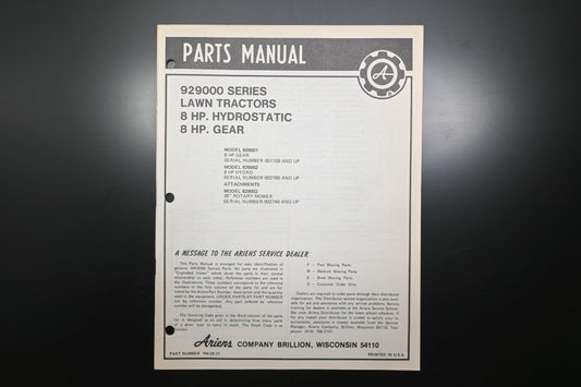 Ariens PM-29-77 929000 Series 8 HP Lawn Tractor Parts Manual