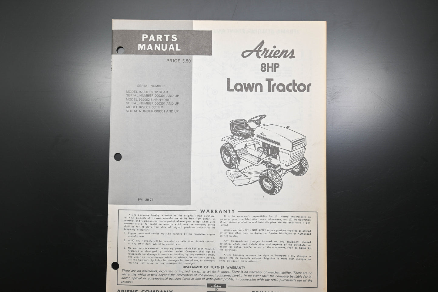 Ariens PM-29-74 8 HP Lawn Tractor Parts Manual