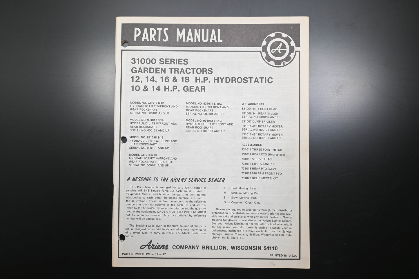 Ariens PM-31-77 31000 Series Garden Tractors Parts Manual