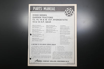Ariens PM-31-77 31000 Series Garden Tractors Parts Manual