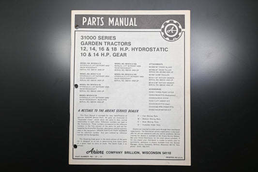 Ariens PM-31-77 31000 Series Garden Tractors Parts Manual
