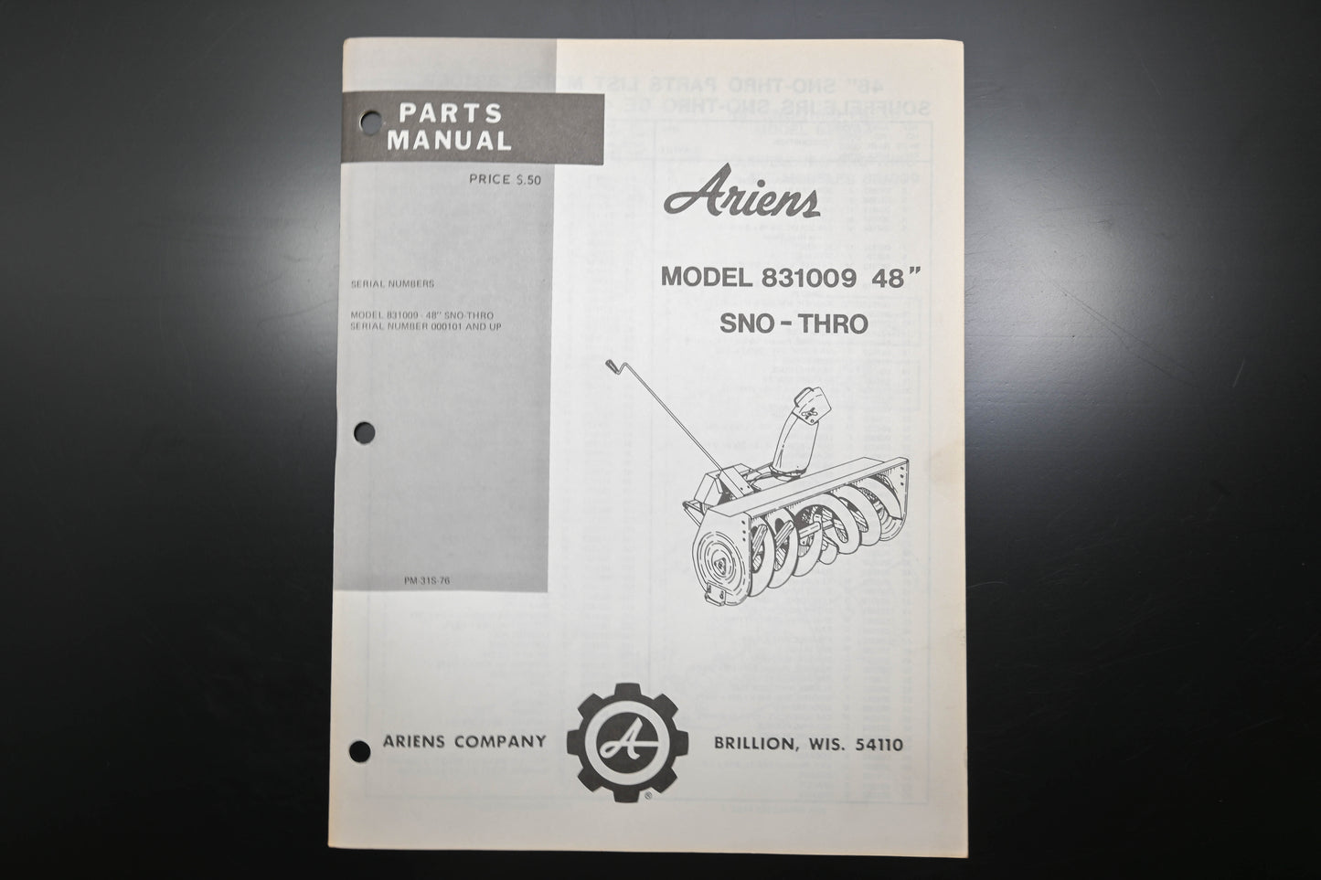 Ariens PM-31S-76 831009 48" Sno-Thro Parts Manual