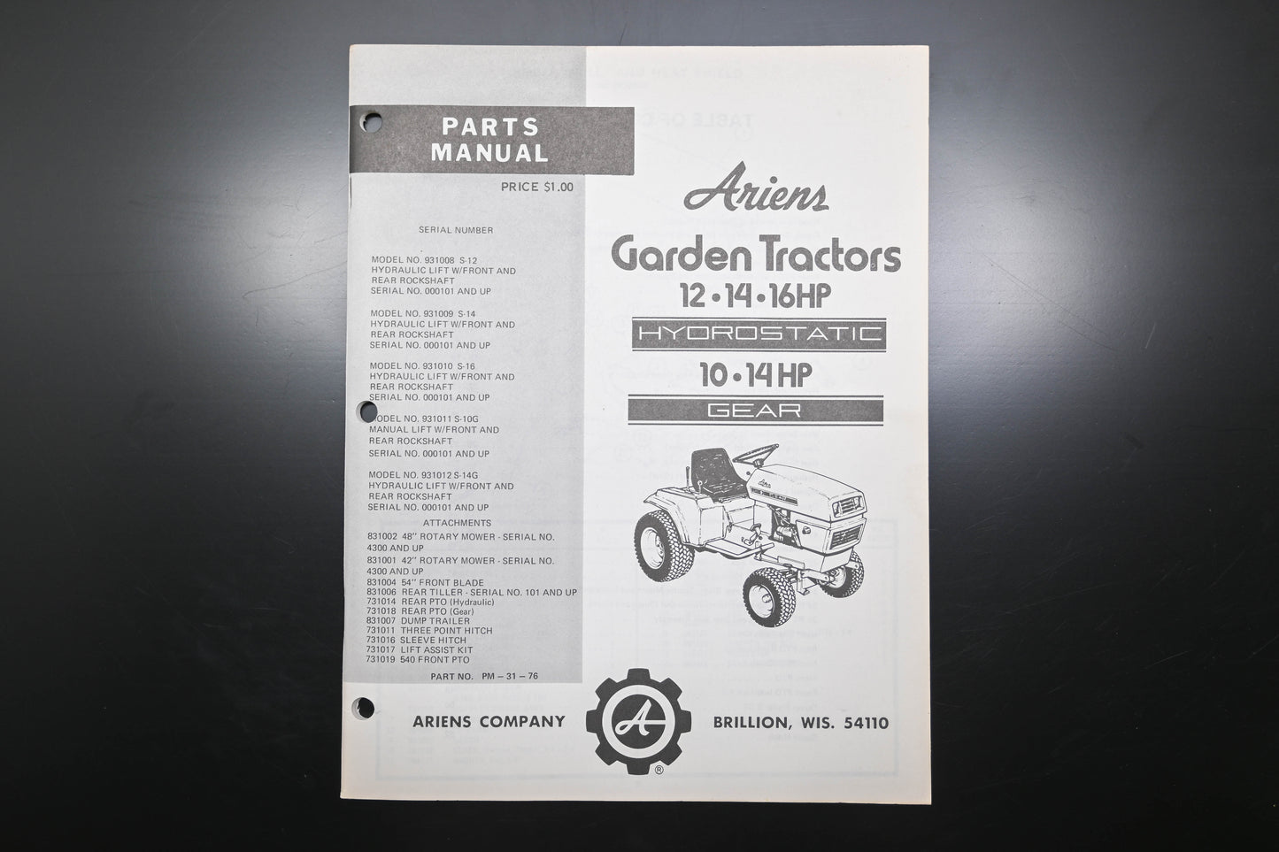 Ariens PM-31-76 10-16HP Garden Tractors Parts Manual