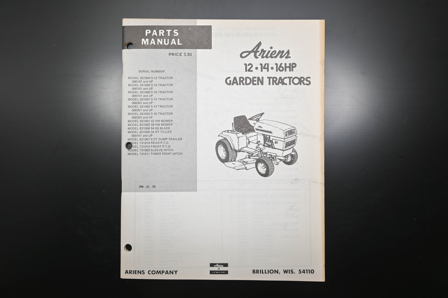 Ariens PM-31-75 12-16HP Garden Tractors Parts Manual
