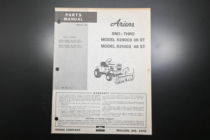 Ariens PM-31S-74 829003 36ST 831003 48St Sno-Thro Parts Manual