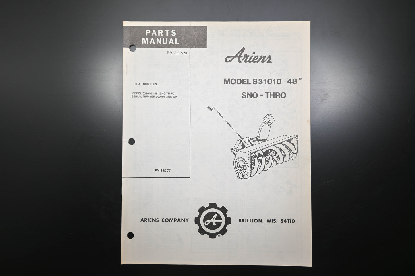 Ariens PM-31S-77 831010 48" Sno-Thro Parts Manual