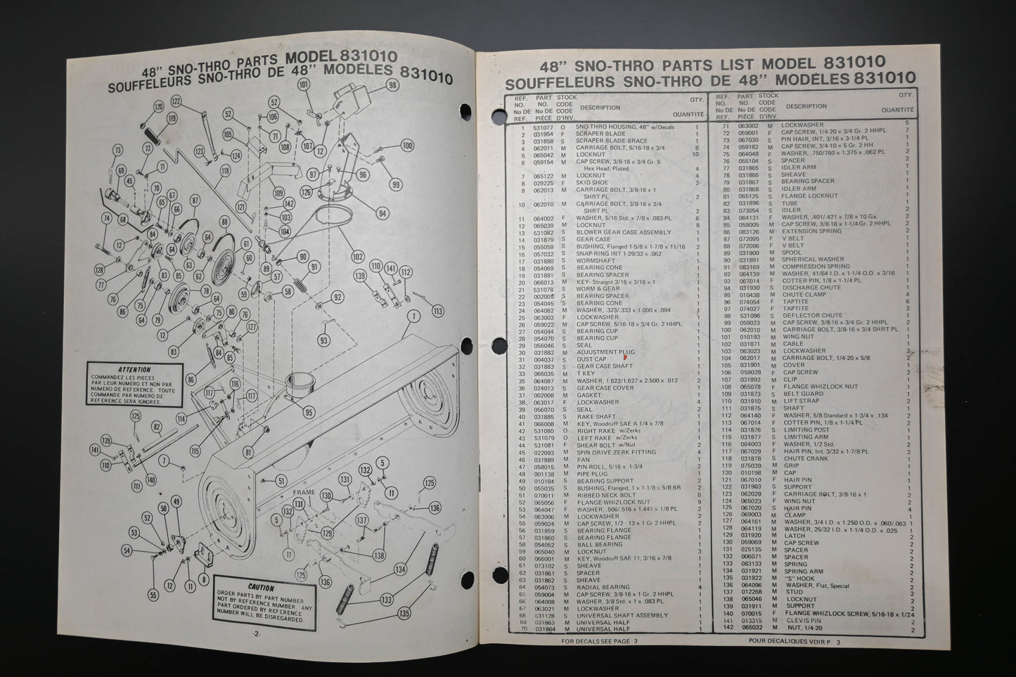 Ariens PM-31S-77 831010 48" Sno-Thro Parts Manual