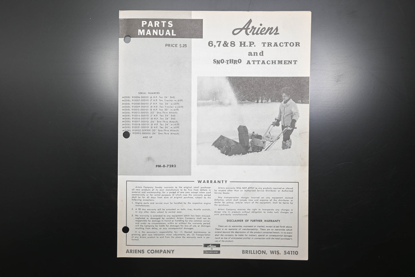 Ariens PM-8-72R3 6-8 HP Tractor & Sno-Thro Attachment Parts Manual
