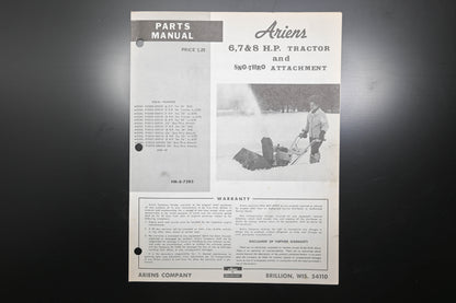 Ariens PM-8-72R3 6-8 HP Tractor & Sno-Thro Attachment Parts Manual