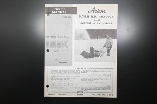 Ariens PM-8-72R3 6-8 HP Tractor & Sno-Thro Attachment Parts Manual