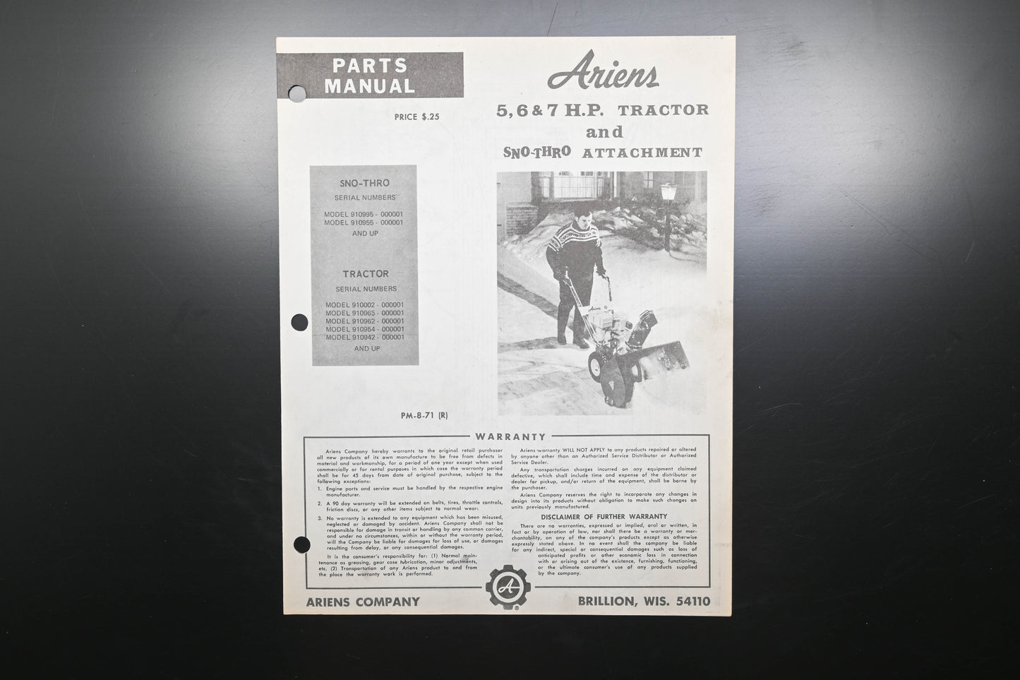 Ariens PM-8-71 (R) 5-7 HP Tractor & Sno-Thro Attachment Parts Manual