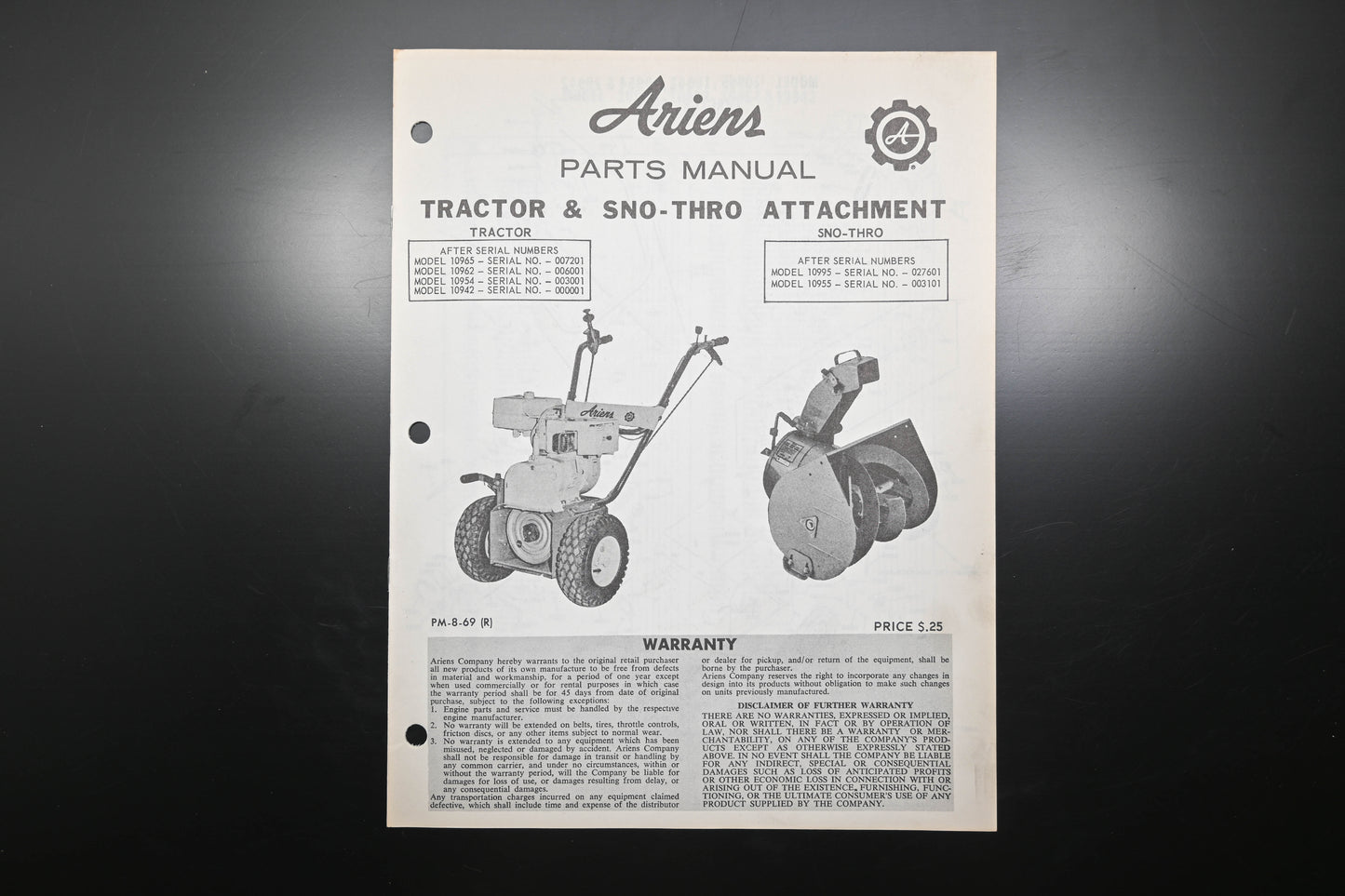 Ariens PM-8-69 (R) Tractor & Sno-Thro Attachment Parts Manual