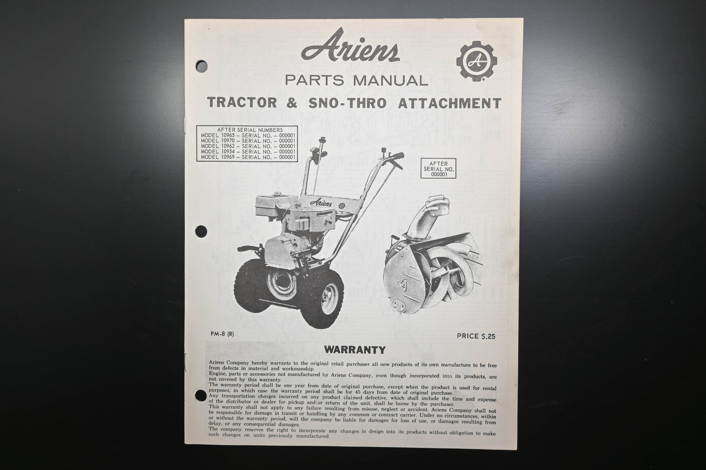 Ariens PM-8 (R) Tractor & Sno-Thro Attachment Parts Manual