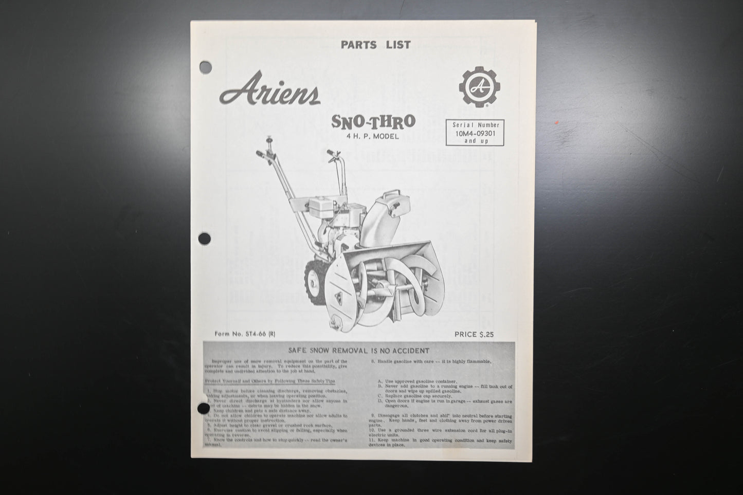 Ariens ST4-66 (R) 4 HP Sno-Thro Parts Manual