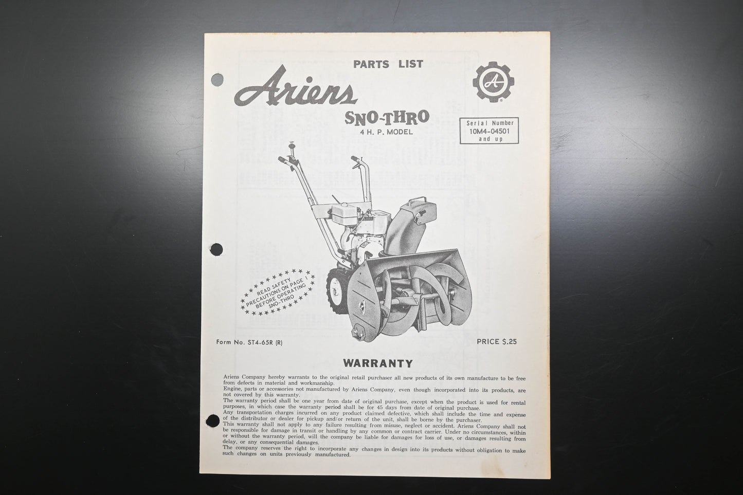 Ariens ST4-65R (R) 4 HP Sno-Thro Parts Manual