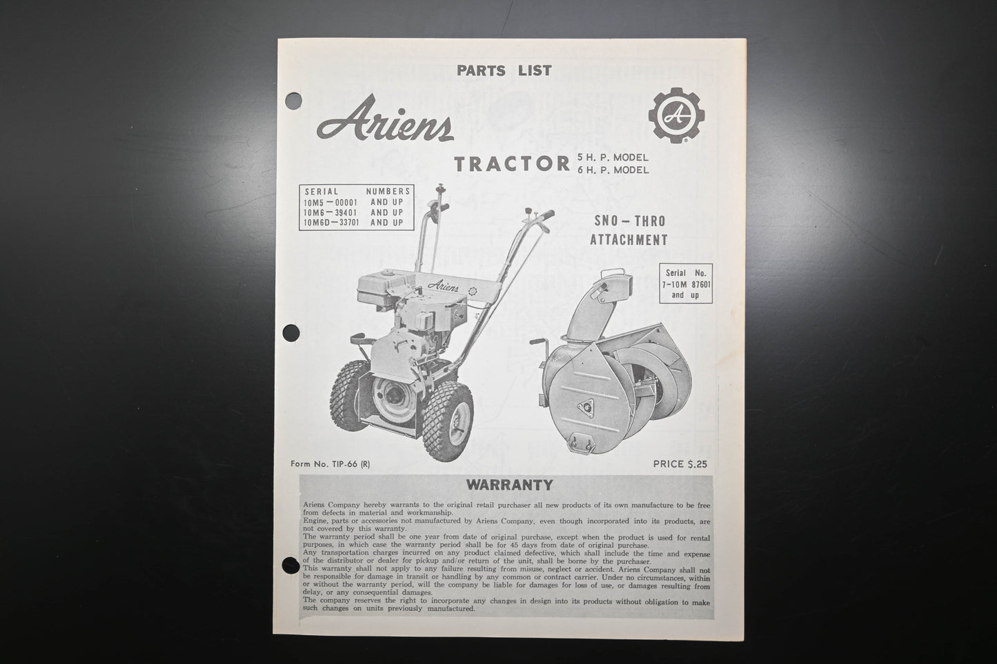 Ariens TIP-66 (R) 5 & 6 HP Tractor & Sno-Thro Attachment Parts Manual