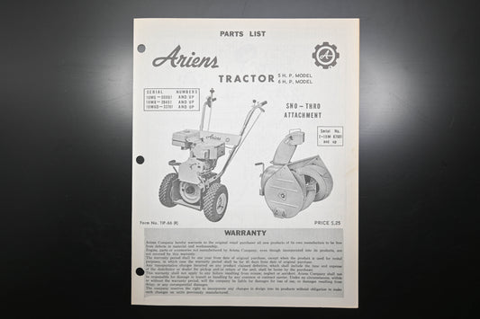 Ariens TIP-66 (R) 5 & 6 HP Tractor & Sno-Thro Attachment Parts Manual