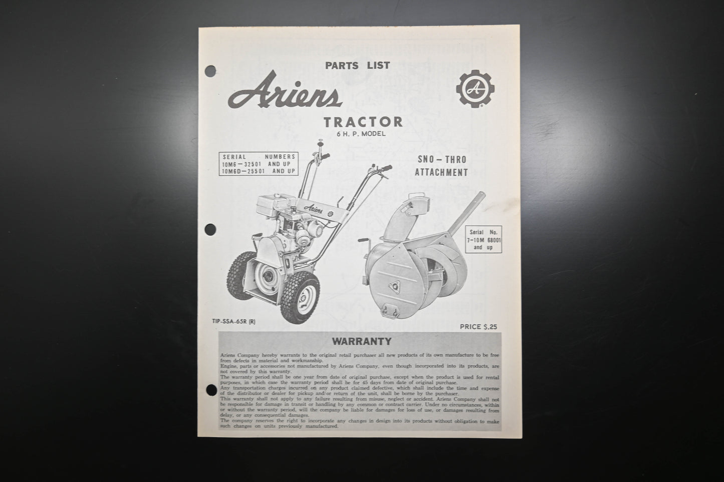 Ariens SSA-65R (R) 6 HP Tractor & Sno-Thro Attachment Parts Manual