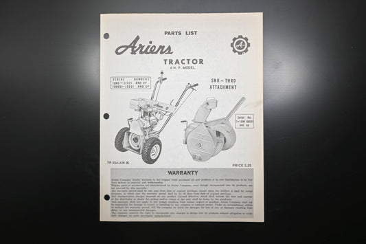 Ariens SSA-65R (R) 6 HP Tractor & Sno-Thro Attachment Parts Manual