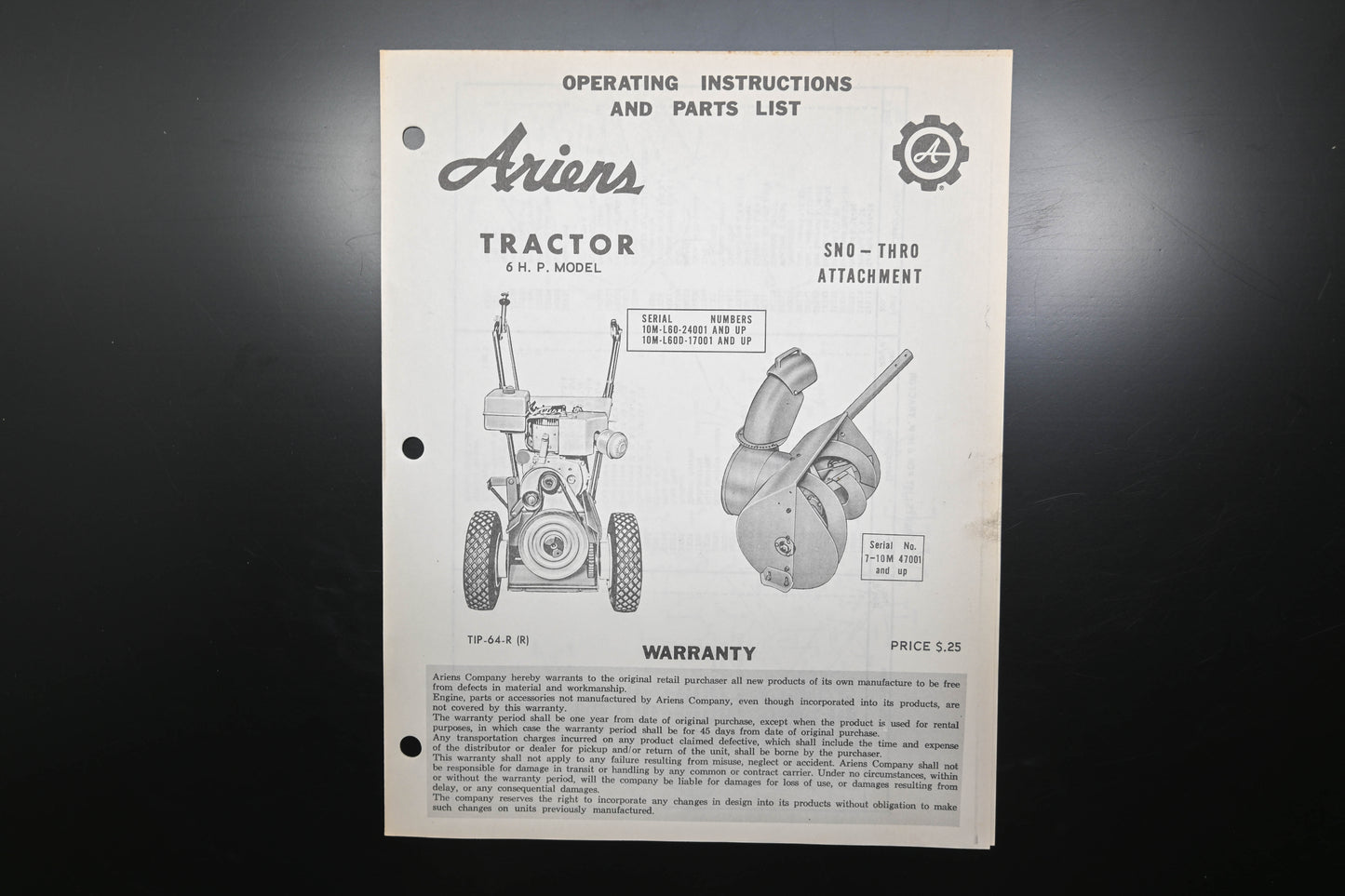 Ariens TIP-64-R (R) 6 HP Tractor & Sno-Thro Attachment Parts Manual