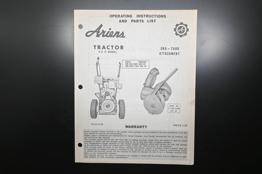 Ariens TIP-64-R (R) 6 HP Tractor & Sno-Thro Attachment Parts Manual