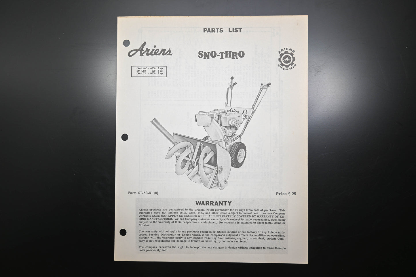 Ariens ST-63-R1 (R) Sno-Thro Parts Manual