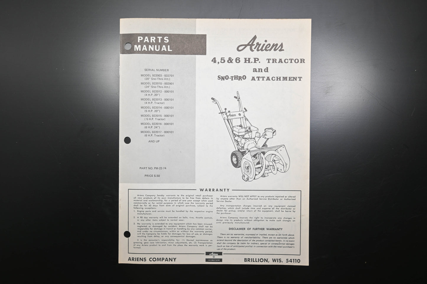 Ariens PM-22-74 4-6 HP Tractor & Sno-Thro Attachment Parts Manual