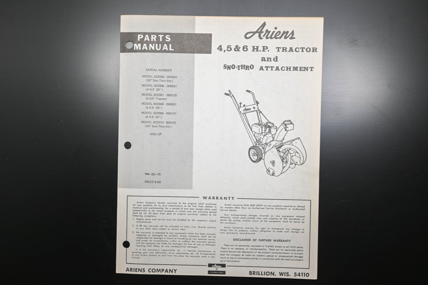 Ariens PM-22-73 4-6 HP Tractor & Sno-Thro Attachment Parts Manual