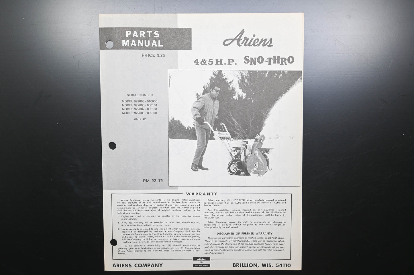 Ariens PM-22-72 4 & 5 HP Sno-Thro Parts Manual