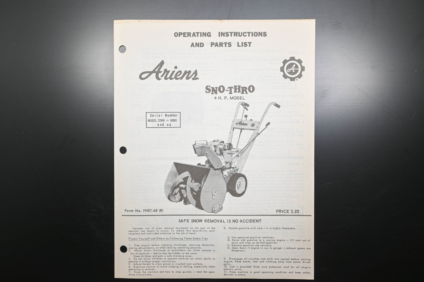 Ariens FHST-68 (R) 4 HP Sno-Thro Parts Manual