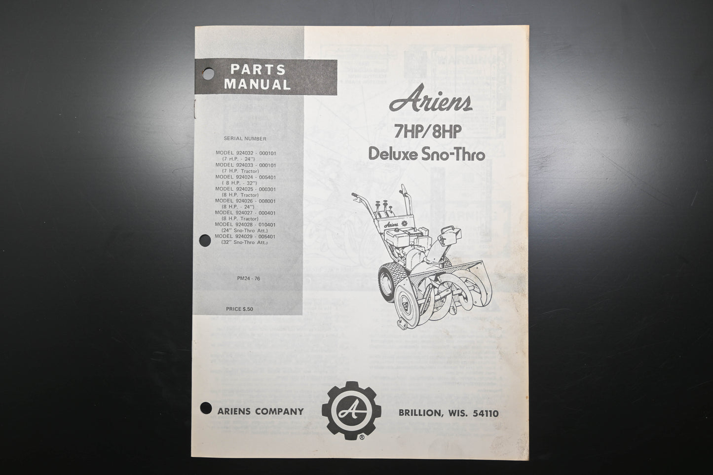 Ariens PM24-76 7 & 8 HP Deluxe Sno-Thro Parts Manual