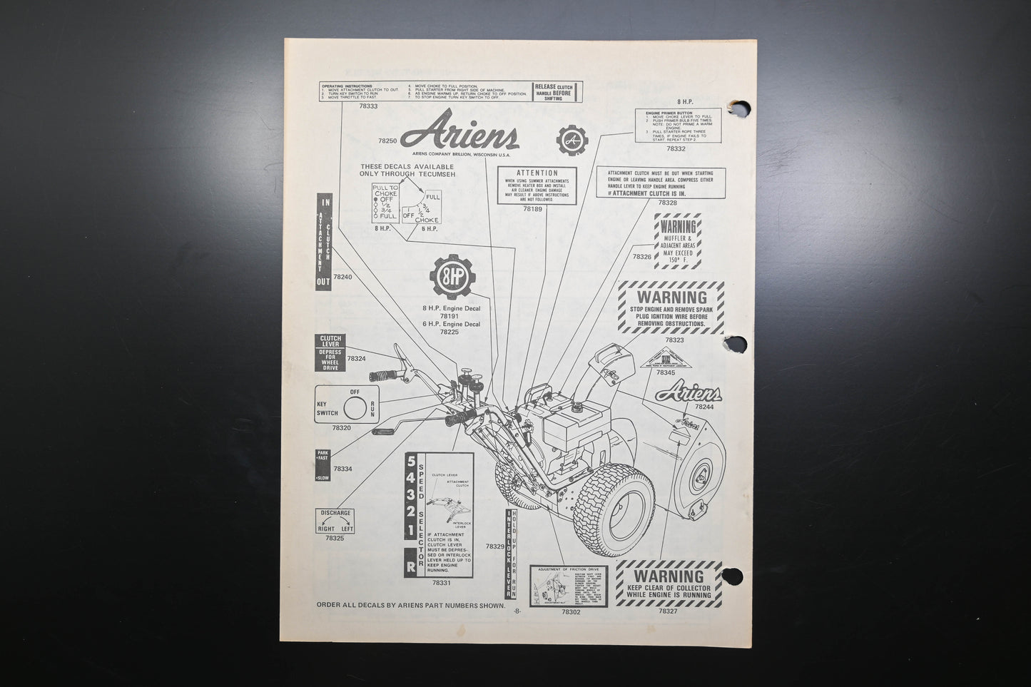 Ariens PM-24-75 6 & 8 HP Deluxe Sno-Thro Parts Manual
