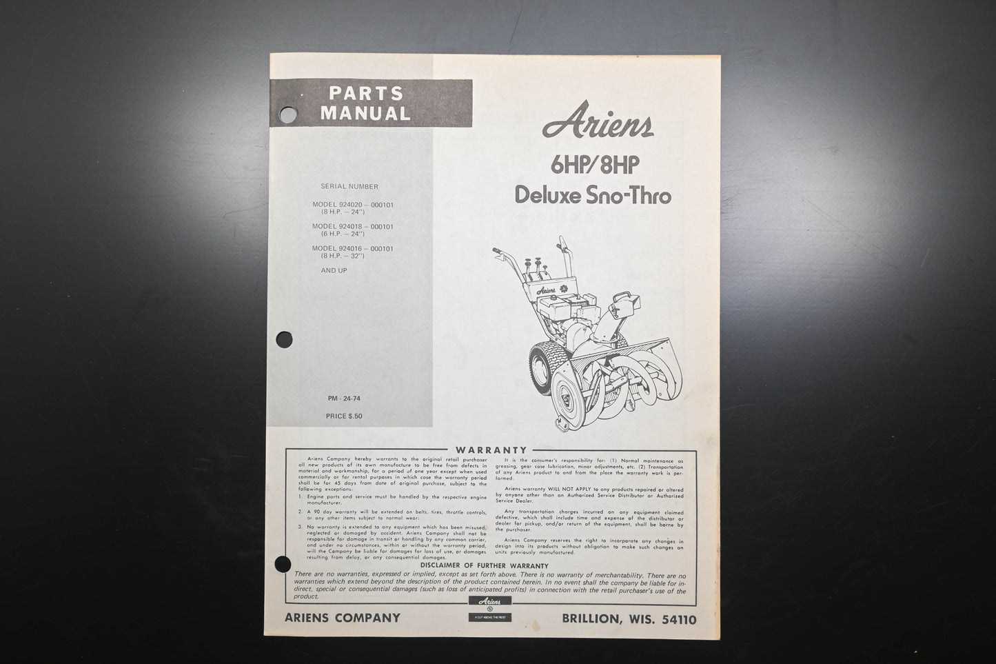 Ariens PM-24-74 6 & 8 HP Deluxe Sno-Thro Parts Manual