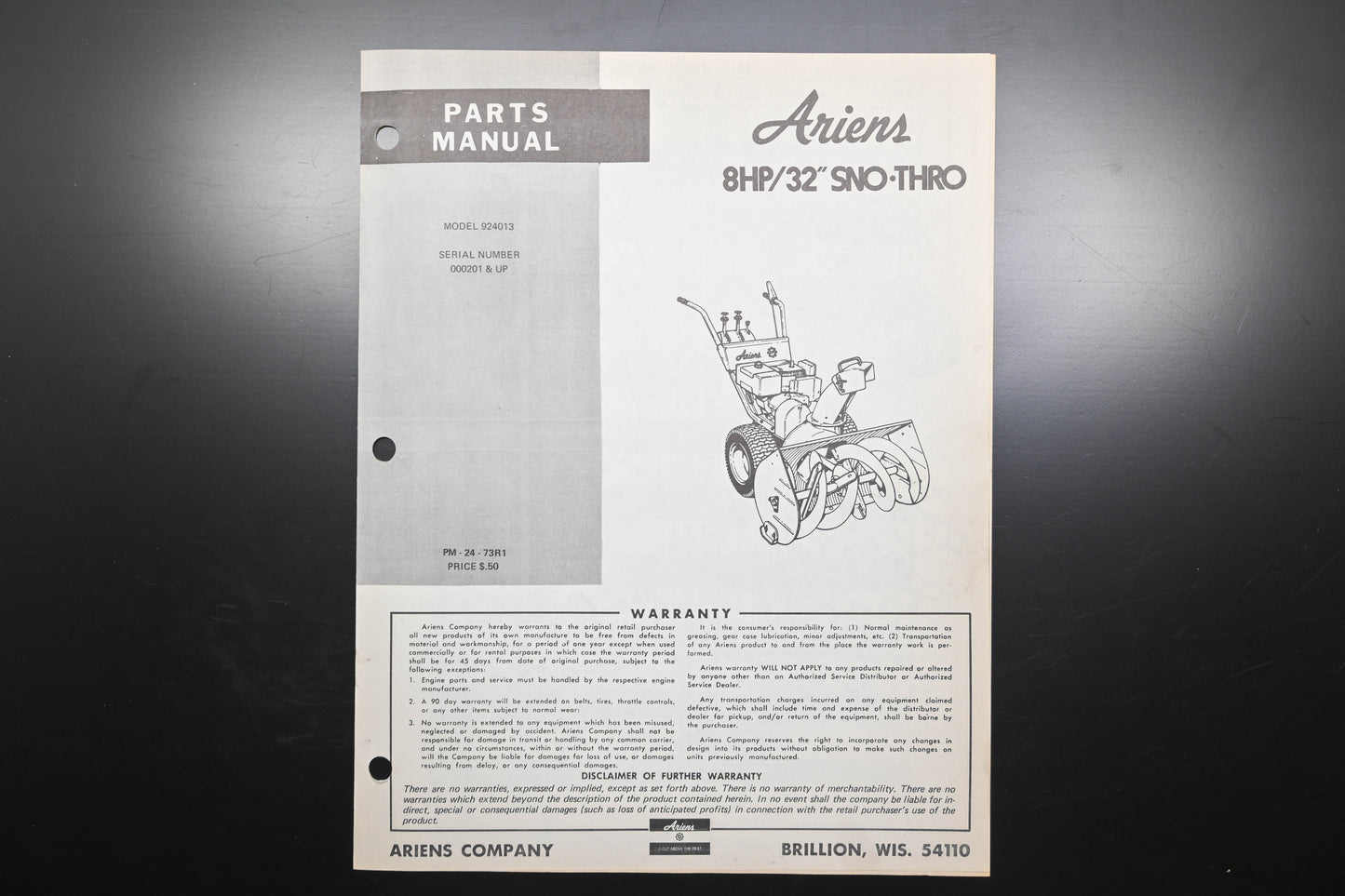 Ariens PM-24-73R1 8 HP 32" Sno-Thro Parts Manual