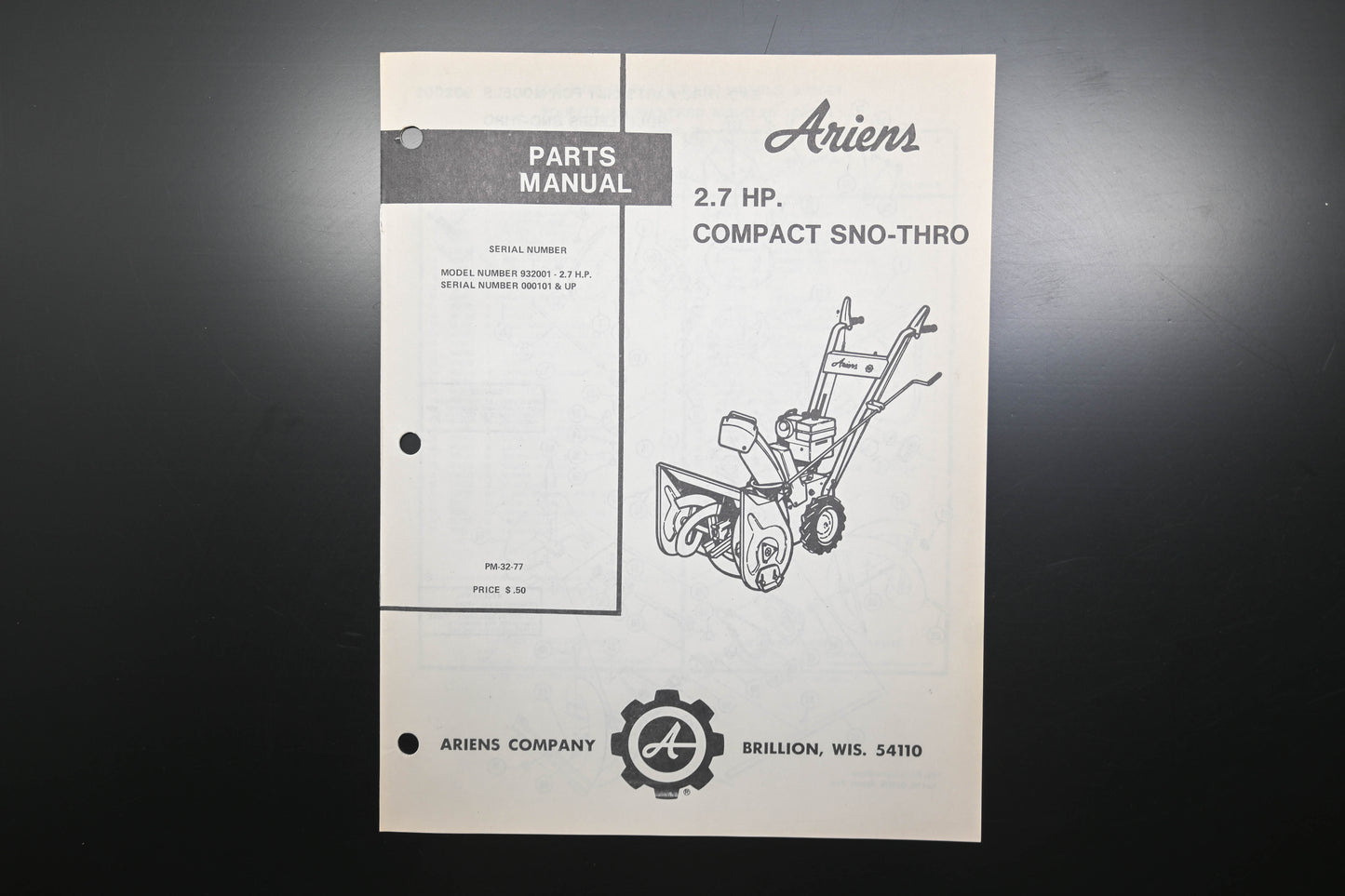 Ariens PM-32-77 2.7 HP Compact Sno-Thro Parts Manual