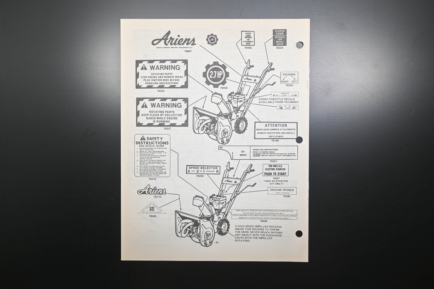 Ariens PM-32-77 2.7 HP Compact Sno-Thro Parts Manual
