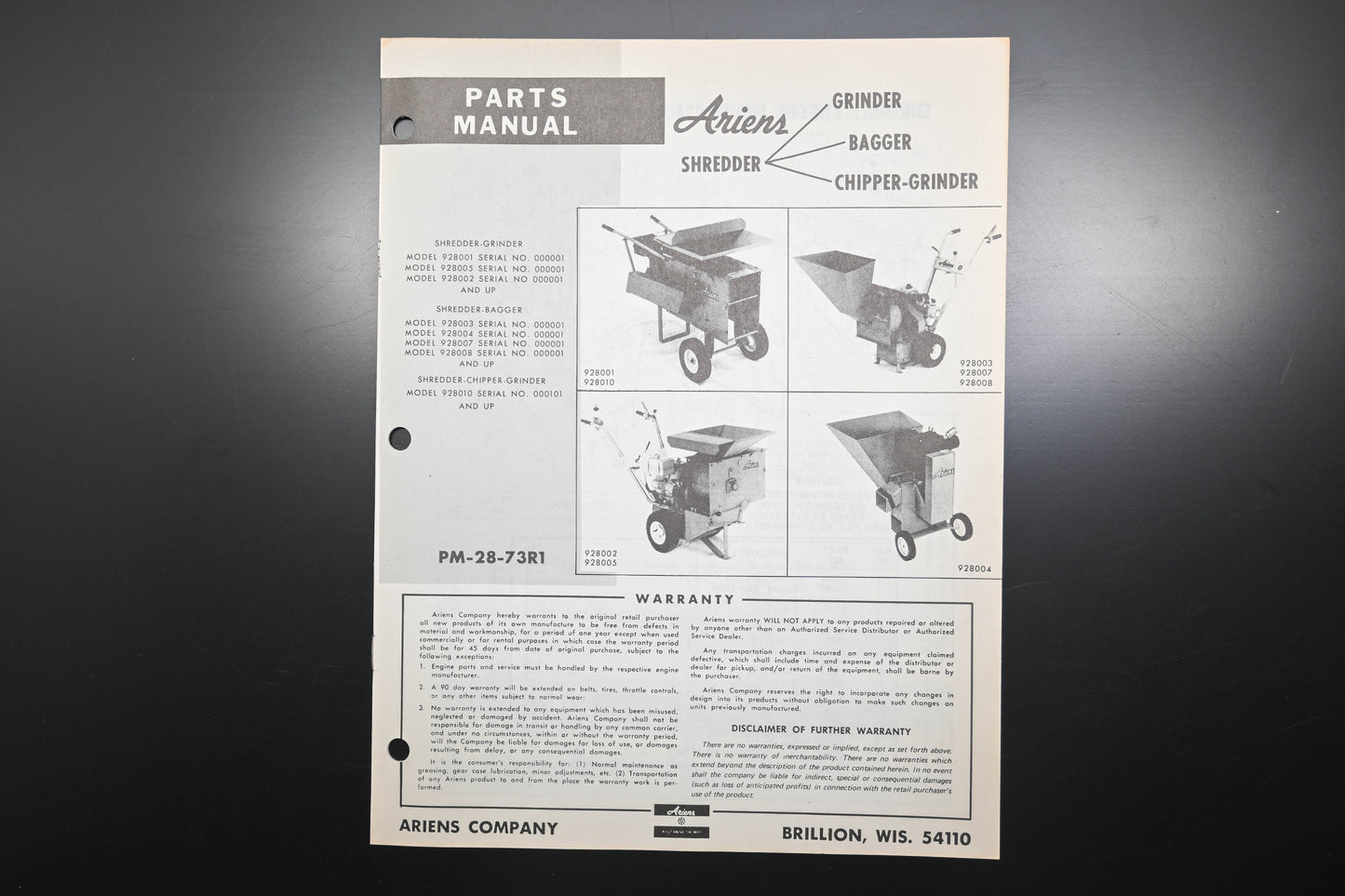 Ariens PM-28-73R1 Shredder Grinder Bagger Chipper Parts Manual