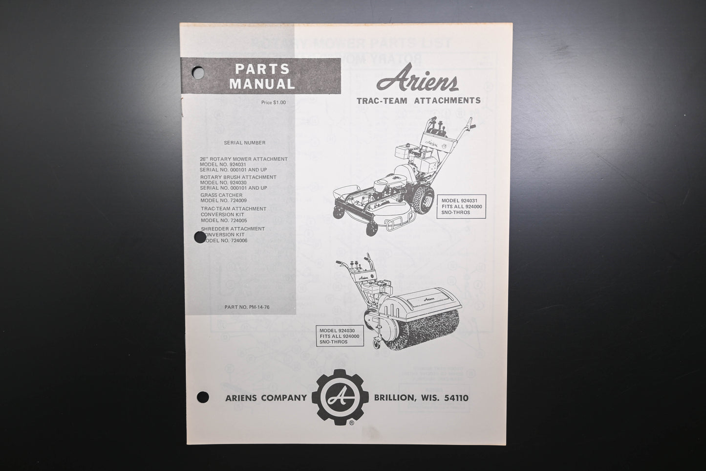 Ariens PM-14-76 Trac-Team Attachments Parts Manual