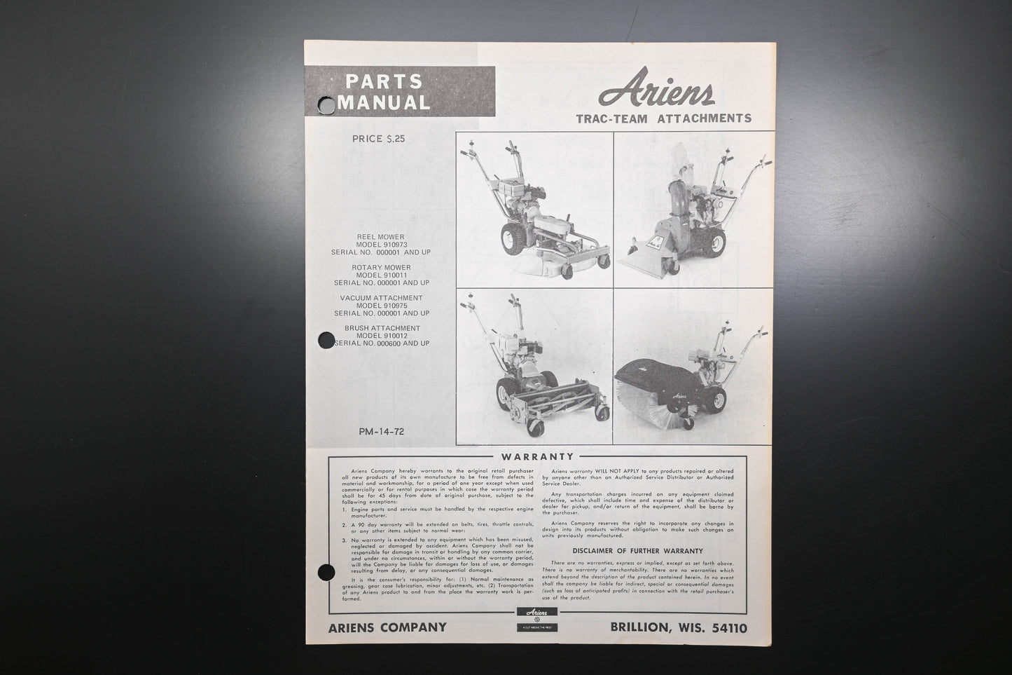 Ariens PM-14-72 Trac-Team Attachments Parts Manual