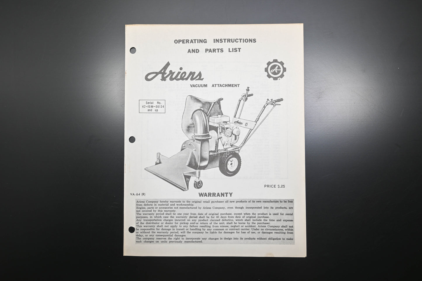Ariens VA-64 (R) Vacuum Attachment Instructions & Parts List