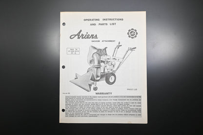 Ariens VA-64 (R) Vacuum Attachment Instructions & Parts List
