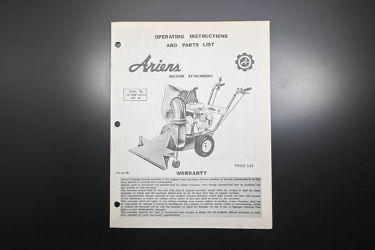 Ariens VA-64 (R) Vacuum Attachment Instructions & Parts List