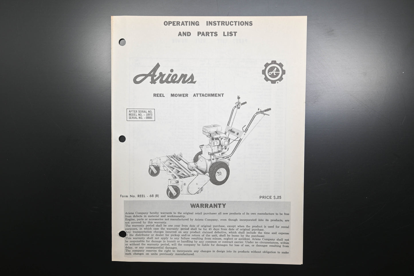 Ariens REEL-68 (R) Reel Mower Attachment Operating Instructions & Parts List