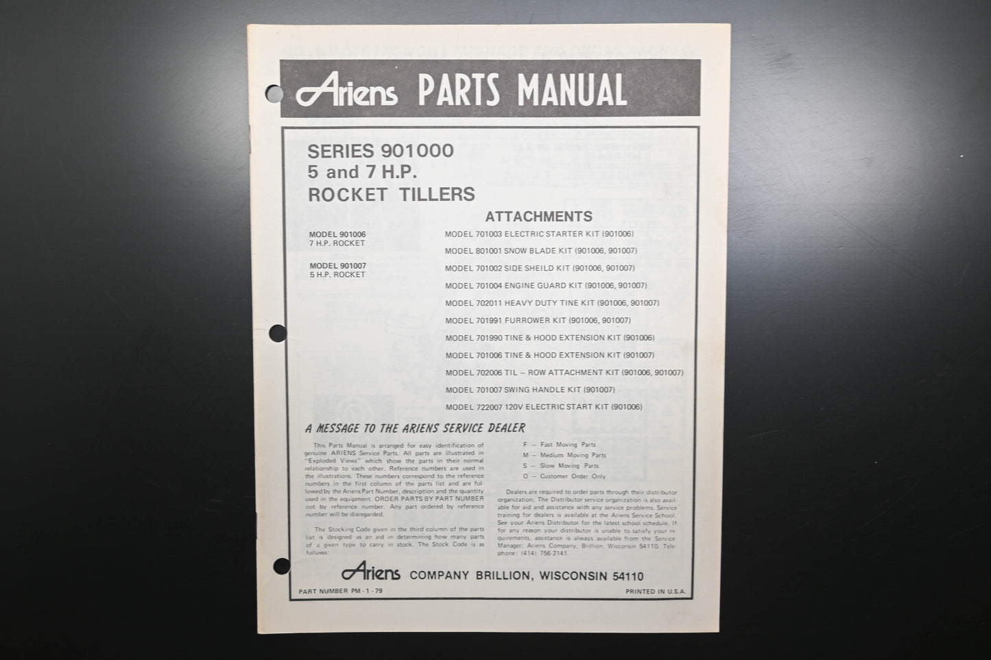 Ariens PM-1-79 Series 901000 Rocket Tillers Parts Manual