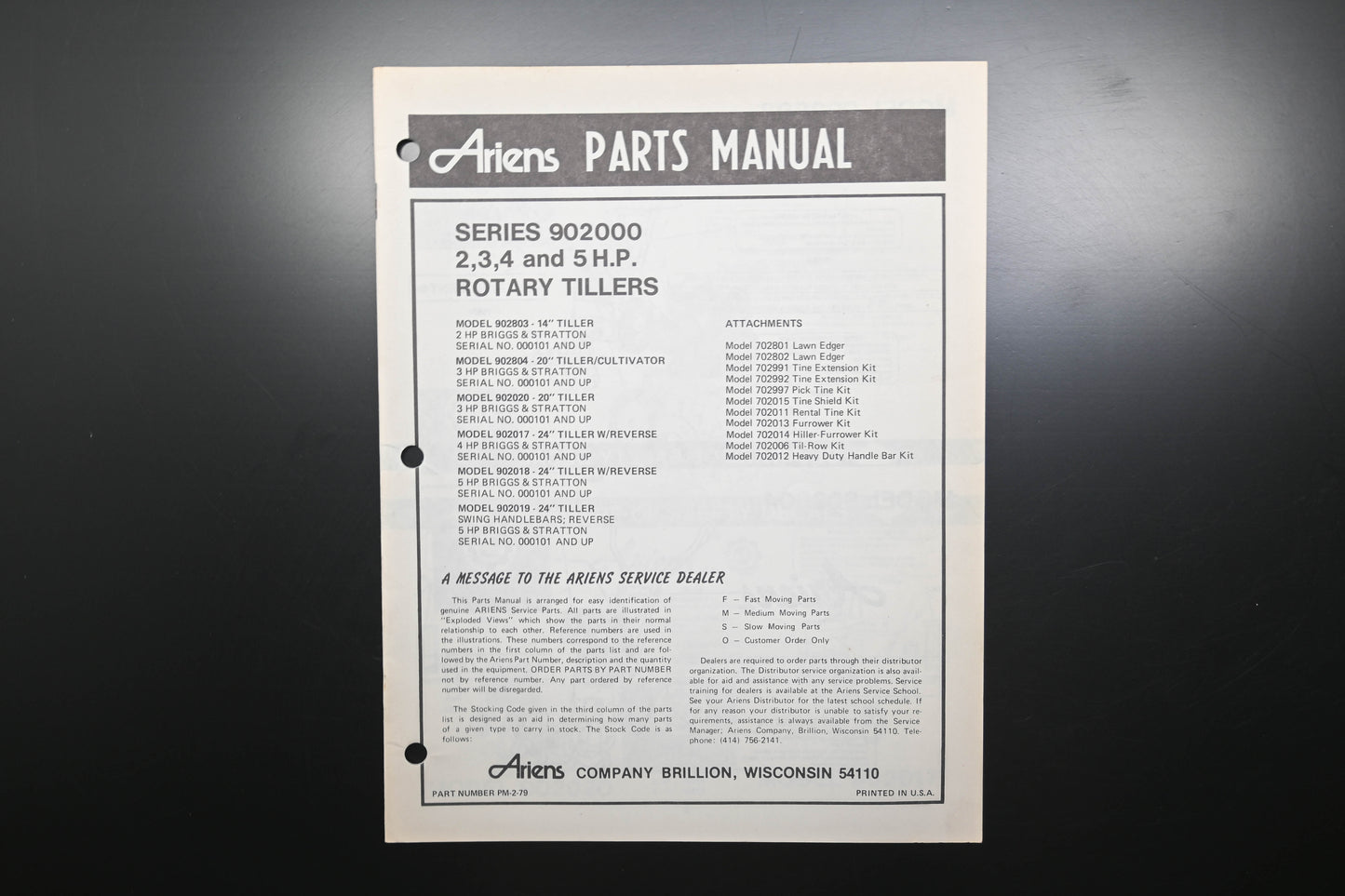 Ariens PM-2-79 Series 902000 Rotary Tiller 2-5 HP Parts Manual