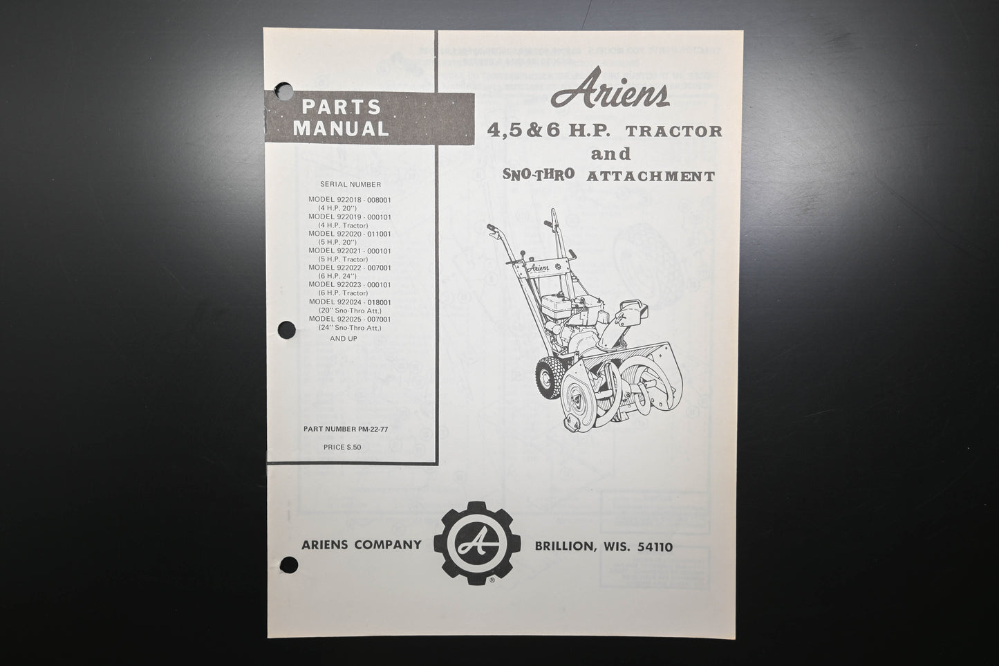 Ariens PM-22-77 4-6 HP Tractor & Sno-Thro Attachment Parts Manual