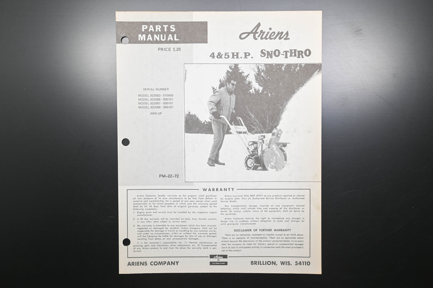 Ariens PM-22-72 4 & 5 HP Sno-Thro Parts Manual