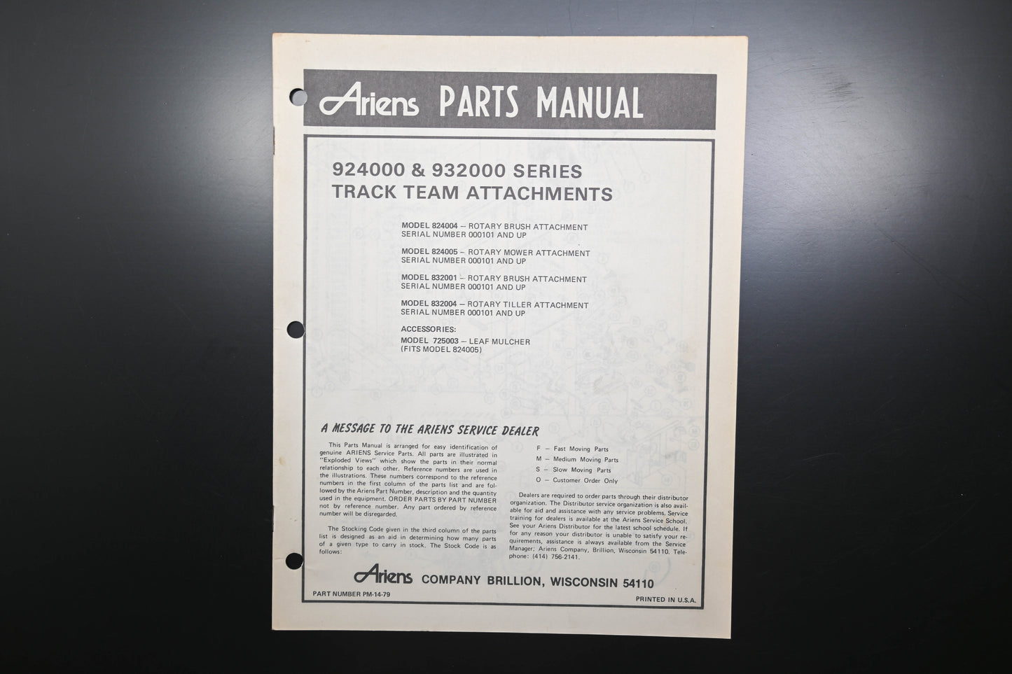 Ariens PM-14-79 924000 & 932000 Track Team Attachments Parts Manual