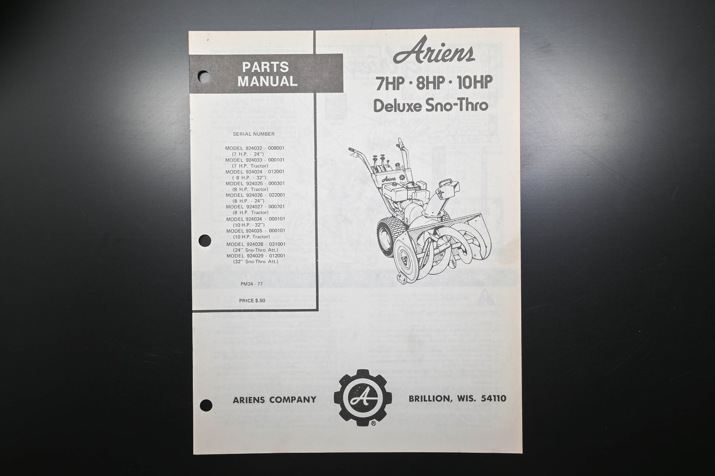 Ariens PM24-77 7 8 & 10 HP Deluxe Sno-Thro Parts Manual