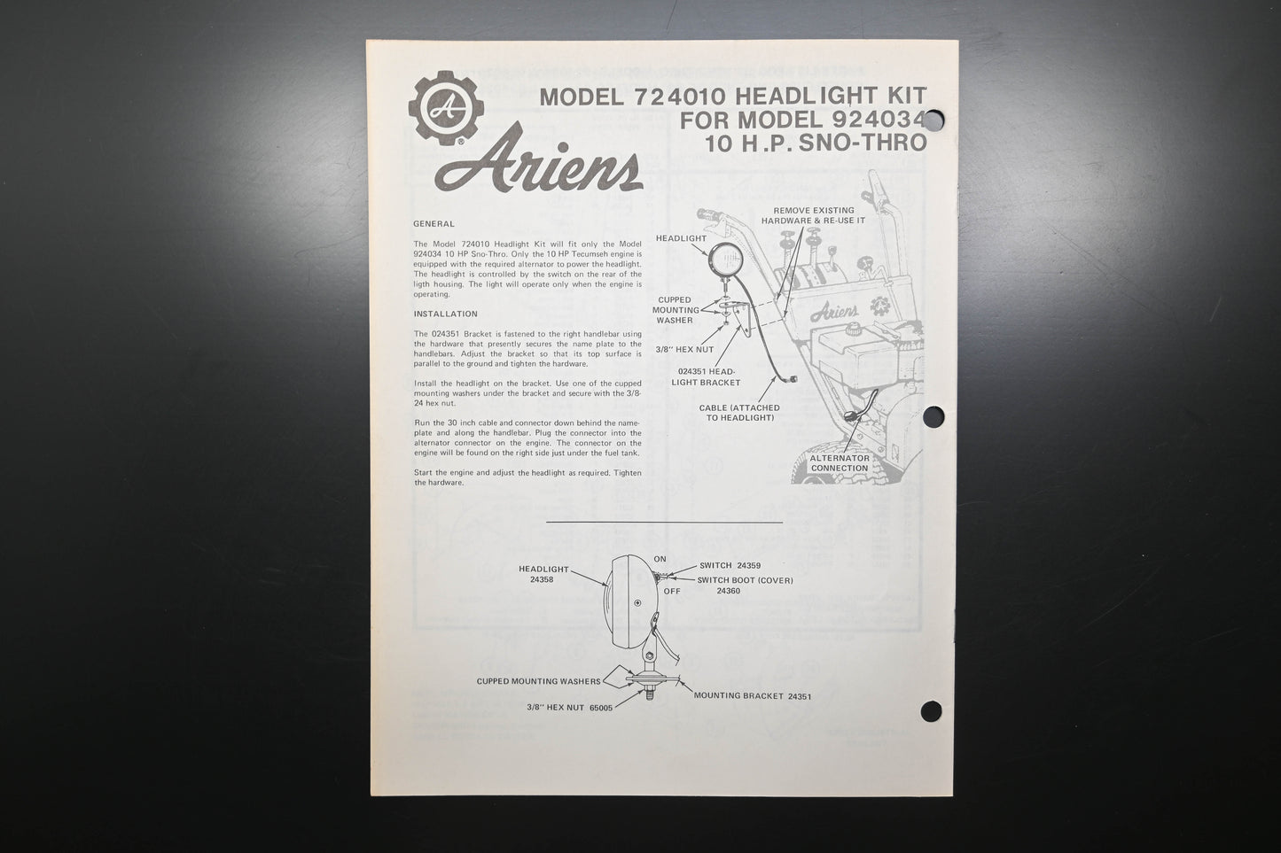 Ariens PM24-77 7 8 & 10 HP Deluxe Sno-Thro Parts Manual